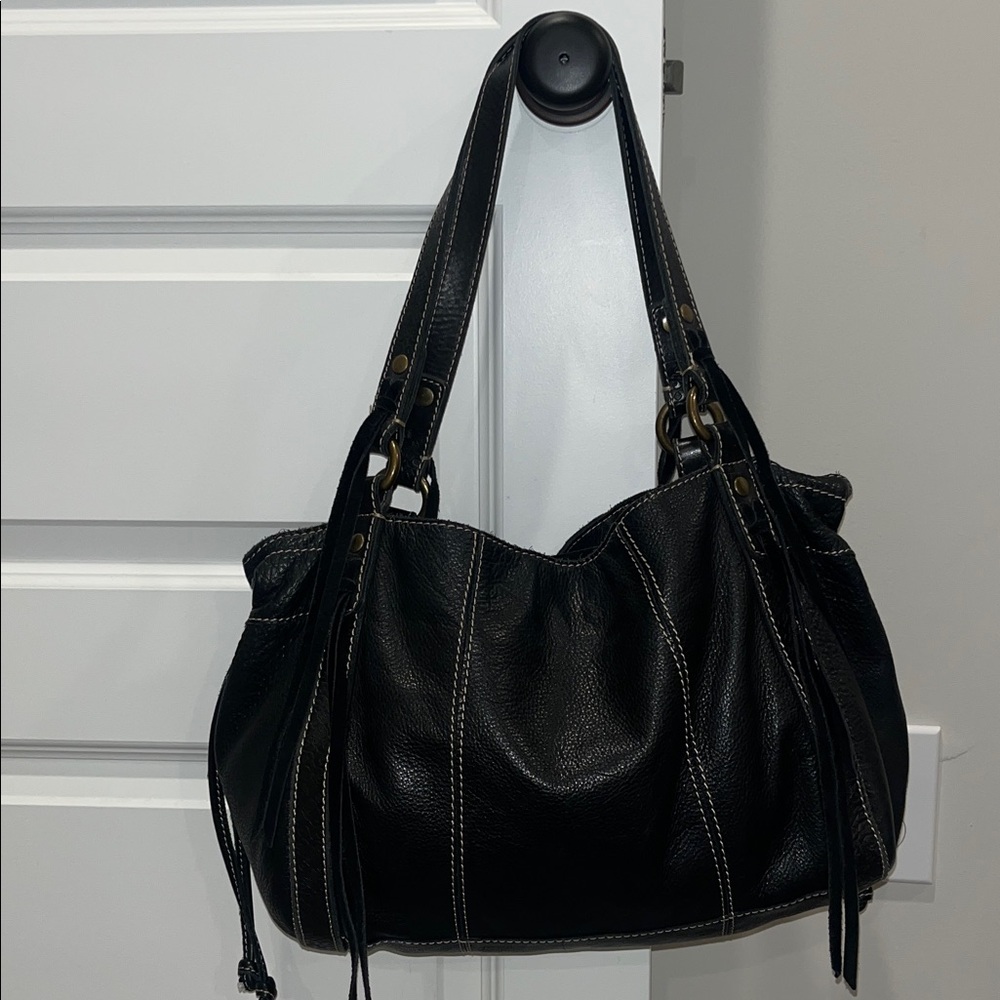 Lucky Brand black leather fringe hobo tooled boho bag vintage inspired